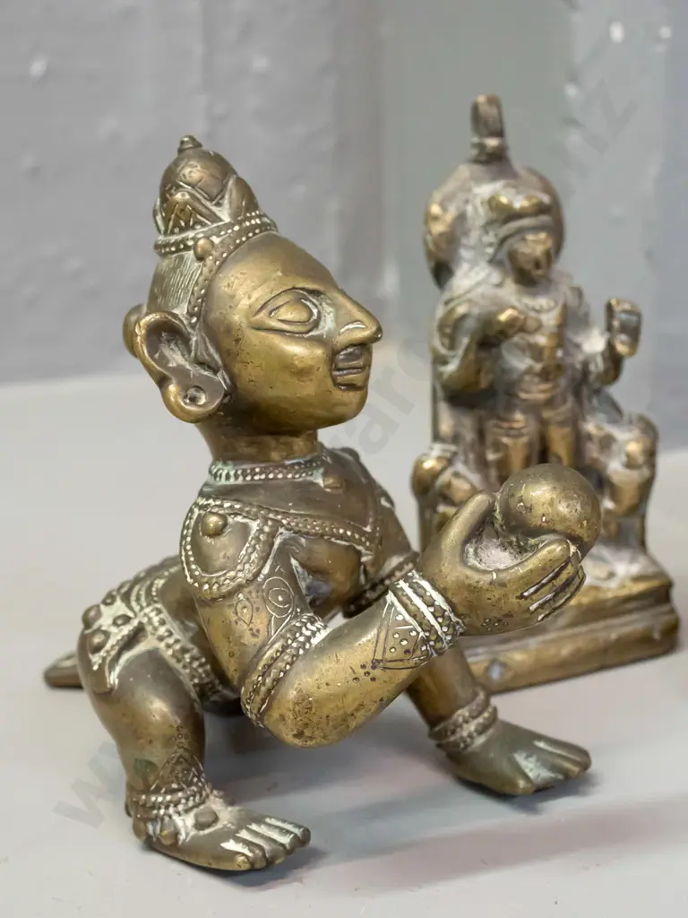 3 Indian brass figures - solid cast Krishna with butter ball, hollow cast kneeling cow H-120 L-120 W-80 and a solid cast Image 1++