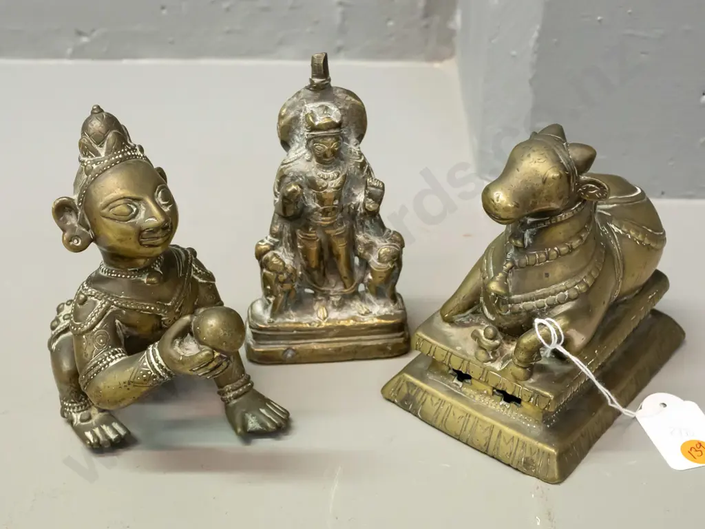 3 Indian brass figures - solid cast Krishna with butter ball, hollow cast kneeling cow H-120 L-120 W-80 and a solid cast Image 1++