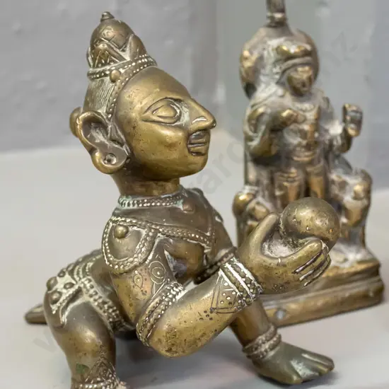 3 Indian brass figures - solid cast Krishna with butter ball, hollow cast kneeling cow H-120 L-120 W-80 and a solid cast