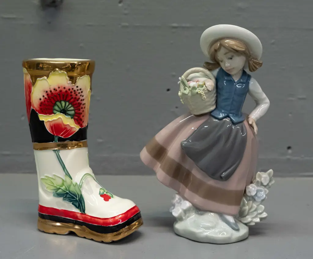 Lladro girl with flower basket figurine H-170 and a Tupton Ware hand painted tube-lined boot with poppies Image 1++