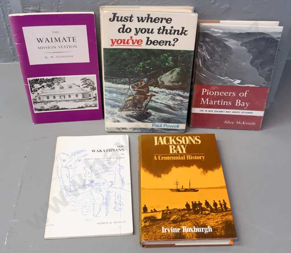 5 New Zealand books - Martin's Bay, Jackson's Bay, Wakatipu, tec. - some wear, staining and musty smell Image 1++