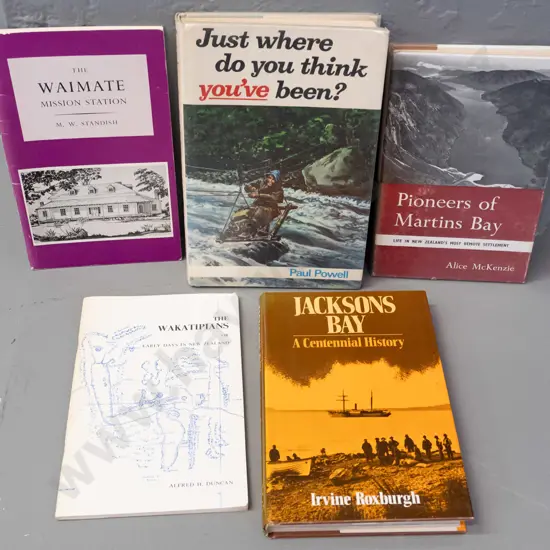 5 New Zealand books - Martin's Bay, Jackson's Bay, Wakatipu, tec. - some wear, staining and musty smell