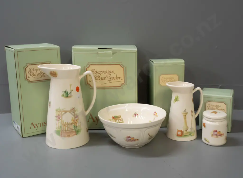 4 Aynsley Edwardian Kitchen Garden items with original boxes - bowl, lidded canister & 2 pitchers, larger is H-210 Image 1++