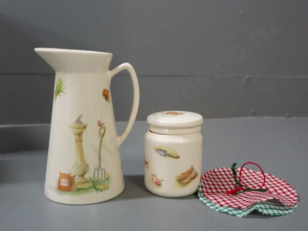 4 Aynsley Edwardian Kitchen Garden items with original boxes - bowl, lidded canister & 2 pitchers, larger is H-210 Image 1++