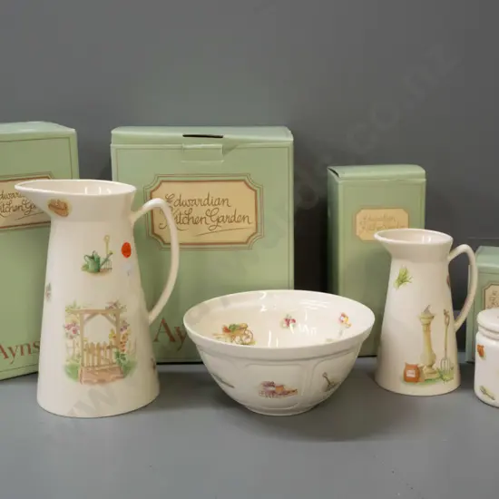 4 Aynsley Edwardian Kitchen Garden items with original boxes - bowl, lidded canister & 2 pitchers, larger is H-210