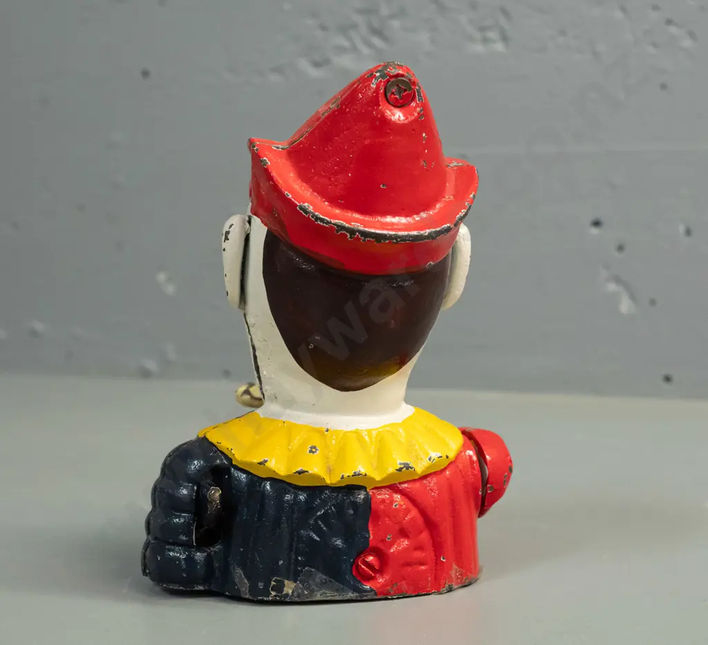 cast metal clown money box with tilting arm mechanism - has paint wear / chipping H-190 W-140 Image 1++