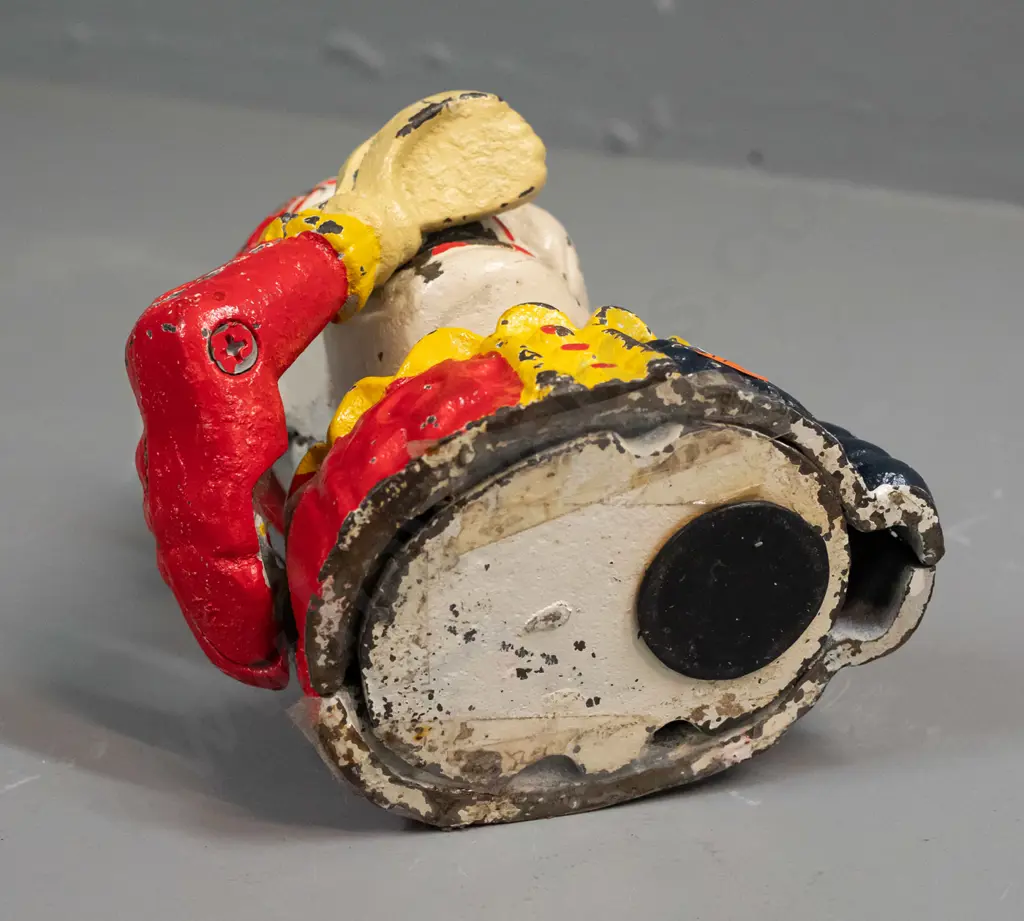 cast metal clown money box with tilting arm mechanism - has paint wear / chipping H-190 W-140 Image 1++