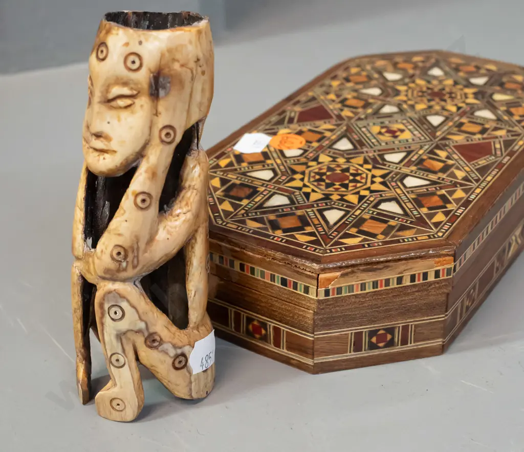 small hinged lid box with geometric mixed timber and mother of pearl inlaid decoration and a small African (Zaire) Image 1++
