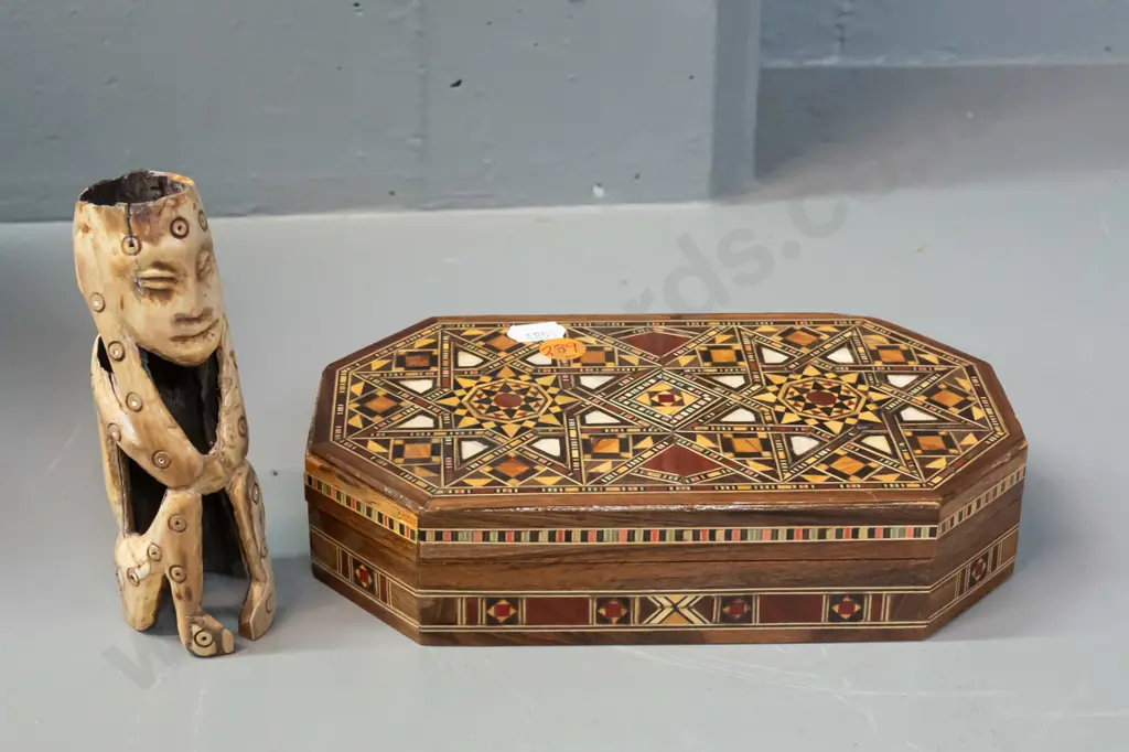 small hinged lid box with geometric mixed timber and mother of pearl inlaid decoration and a small African (Zaire) Image 1++