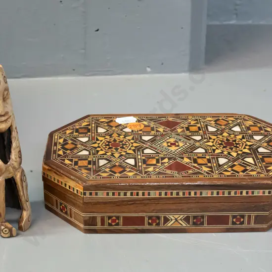 small hinged lid box with geometric mixed timber and mother of pearl inlaid decoration and a small African (Zaire)