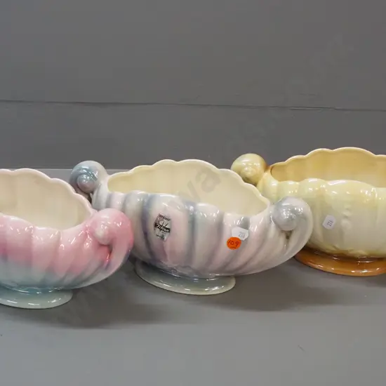 3 Crown Lynn / Titian Ware lustre glaze trough vases in 3 different colours, w/ scroll handles, one with sticker,