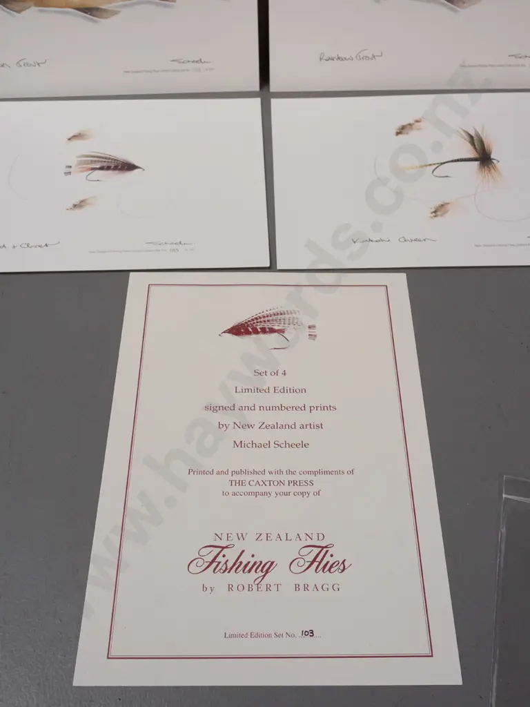 set of 4 unmounted limited edition Michael Scheele fish and fishing fly prints - 103/750 - each sheet A4 size Image 1++