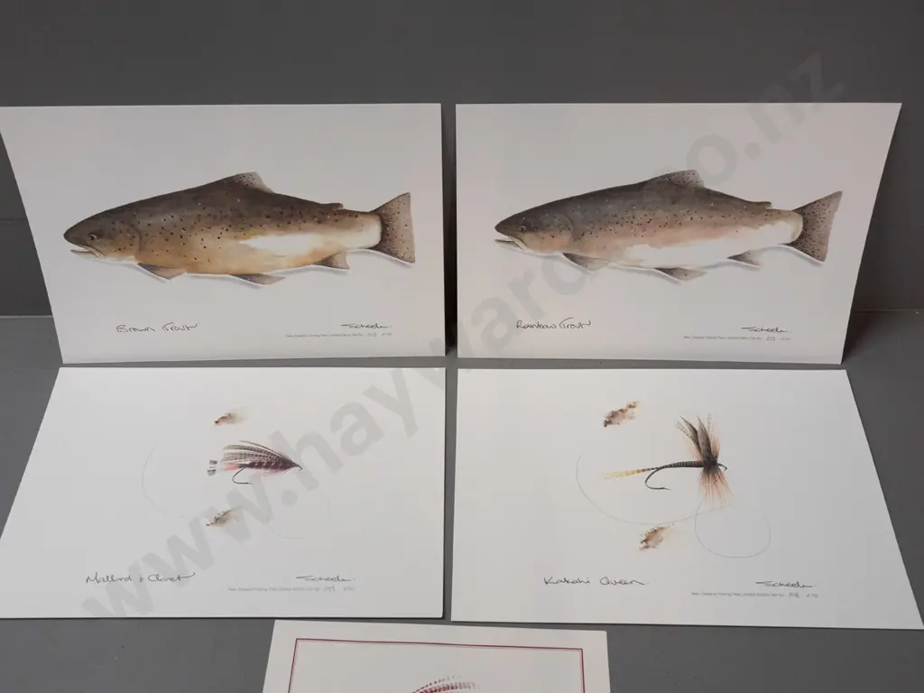 set of 4 unmounted limited edition Michael Scheele fish and fishing fly prints - 103/750 - each sheet A4 size Image 1++