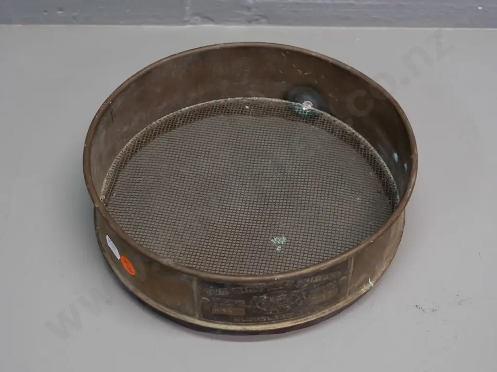 vintage brass garden sieve with maker's plaque: W.S. Tyler Co. - Cleveland Ohio. Some corrosion to mesh and frame D-210 Image 1++