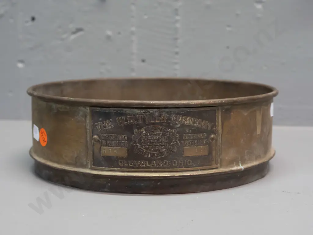 vintage brass garden sieve with maker's plaque: W.S. Tyler Co. - Cleveland Ohio. Some corrosion to mesh and frame D-210 Image 1++