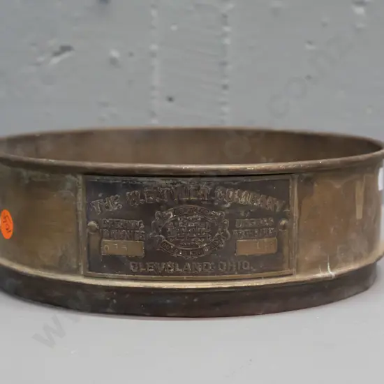vintage brass garden sieve with maker's plaque: W.S. Tyler Co. - Cleveland Ohio. Some corrosion to mesh and frame D-210
