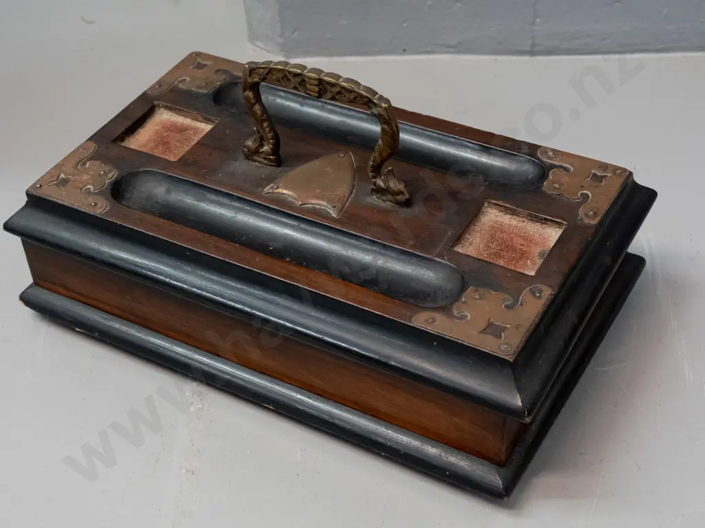 vintage walnut pen stand with drawer, metal corner brackets and shield, pressed metal dolphin handle, no inkwells, some Image 1++
