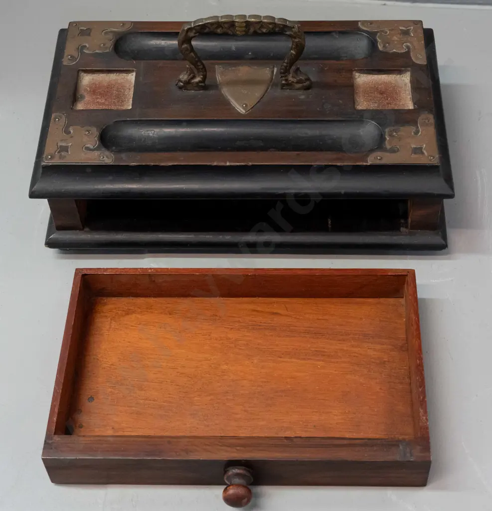 vintage walnut pen stand with drawer, metal corner brackets and shield, pressed metal dolphin handle, no inkwells, some Image 1++