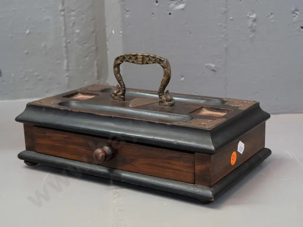 vintage walnut pen stand with drawer, metal corner brackets and shield, pressed metal dolphin handle, no inkwells, some Image 1++