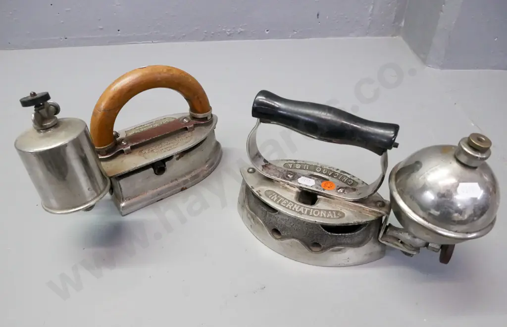 2x Vintage plated comfort irons, wooden handles. 1. International-brand, Chicago USA. 2. Imperial Brass Co, Chicago USA Image 1++