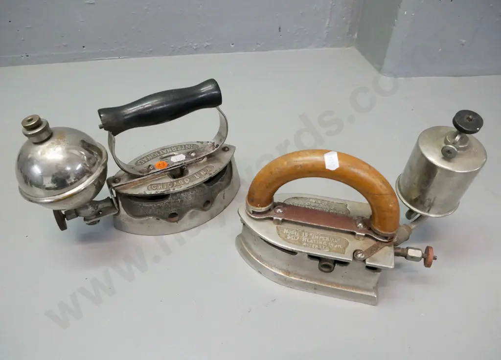 2x Vintage plated comfort irons, wooden handles. 1. International-brand, Chicago USA. 2. Imperial Brass Co, Chicago USA Image 1++