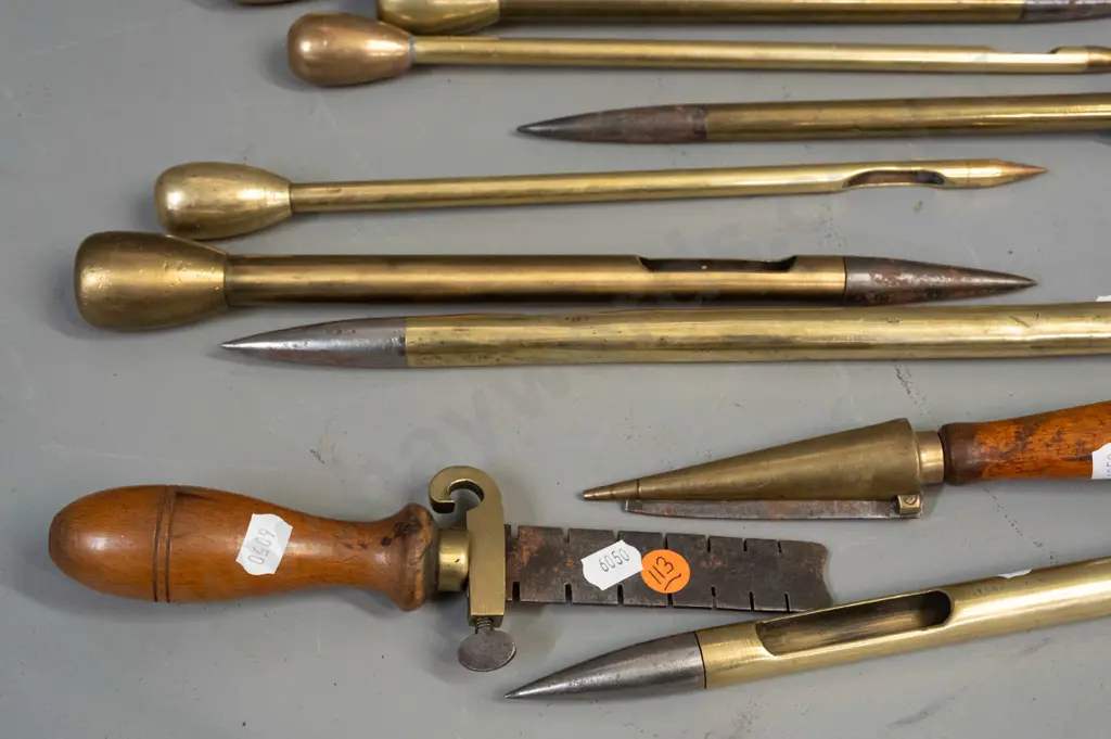 10 assorted tools for making / splicing rope or net, or possibly something else entirely - brass, some steel-tipped, Image 1++