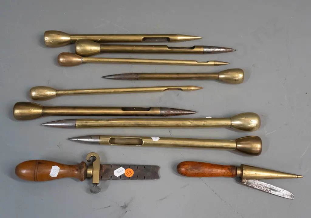 10 assorted tools for making / splicing rope or net, or possibly something else entirely - brass, some steel-tipped, Image 1++