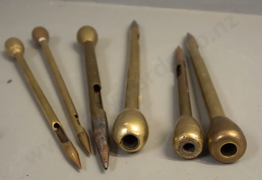 10 assorted tools for making / splicing rope or net, or possibly something else entirely - brass, some steel-tipped, Image 1++