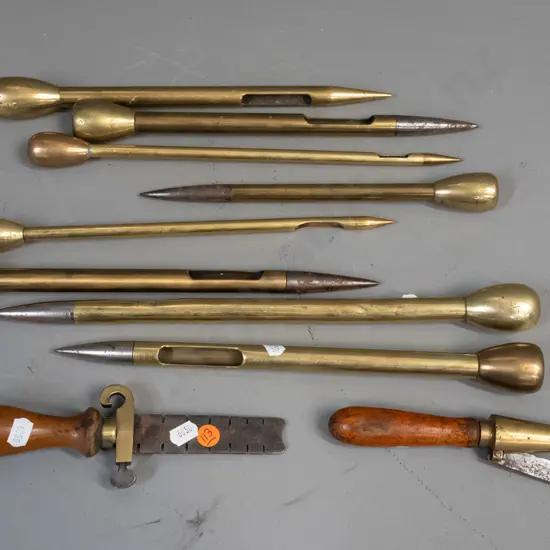 10 assorted tools for making / splicing rope or net, sampling grain or seed from sacks - brass, some steel-tipped,