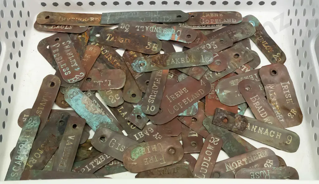 vintage garden plant name tags or labels, most are copper a few white metal, names of roses, tulips, etc - varying age Image 1++