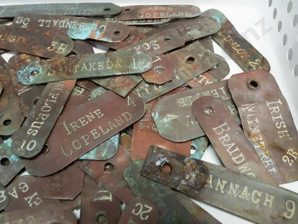 vintage garden plant name tags or labels, most are copper a few white metal, names of roses, tulips, etc - varying age Image 1++