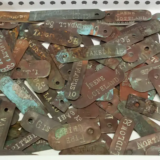 vintage garden plant name tags or labels, most are copper a few white metal, names of roses, tulips, etc - varying age