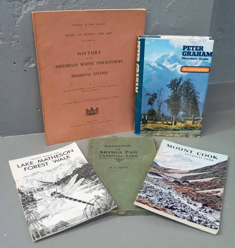 4 New Zealand books - Arthur's pass, mountaineering, and history of Portobello Marine Fish Hatchery - some wear & Image 1++