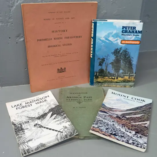 4 New Zealand books - Arthur's pass, mountaineering, and history of Portobello Marine Fish Hatchery - some wear &