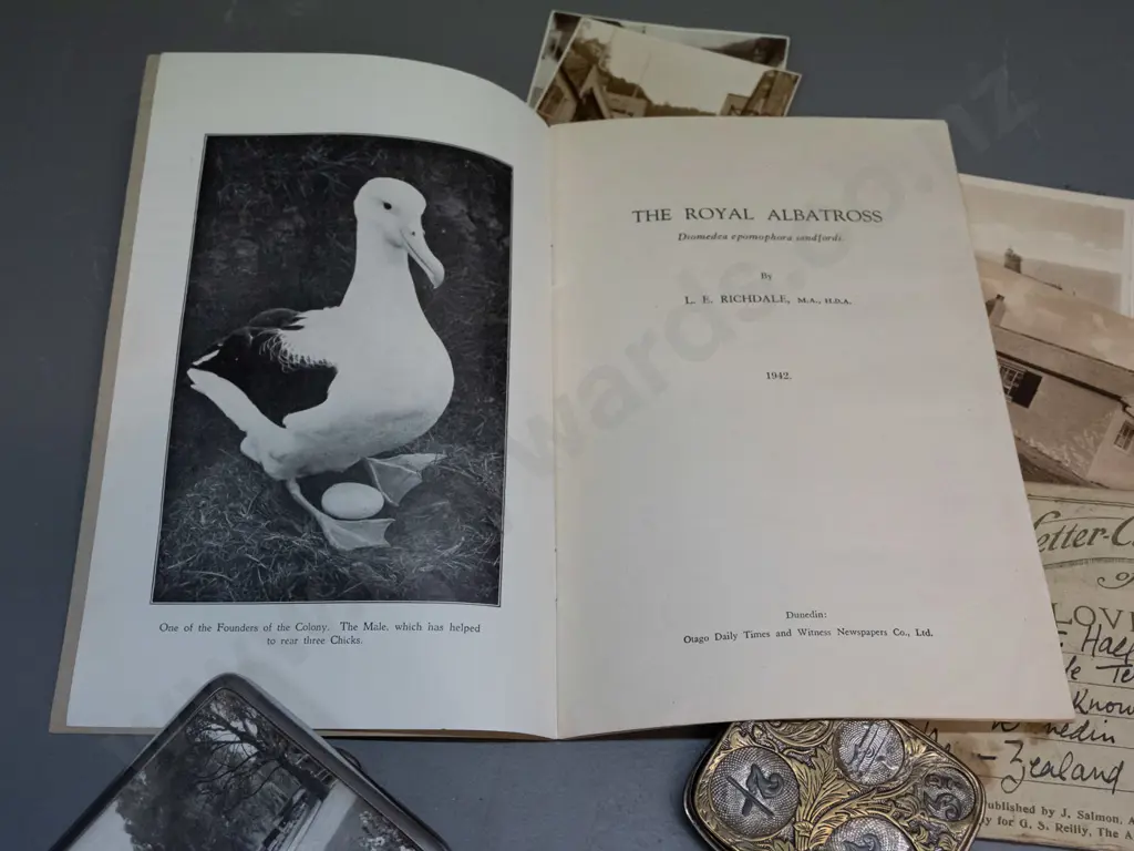 Cigarette case with Dunedin photo, Royal Albatross booklet, English spring loaded coin holder, and assorted postcards & Image 1++