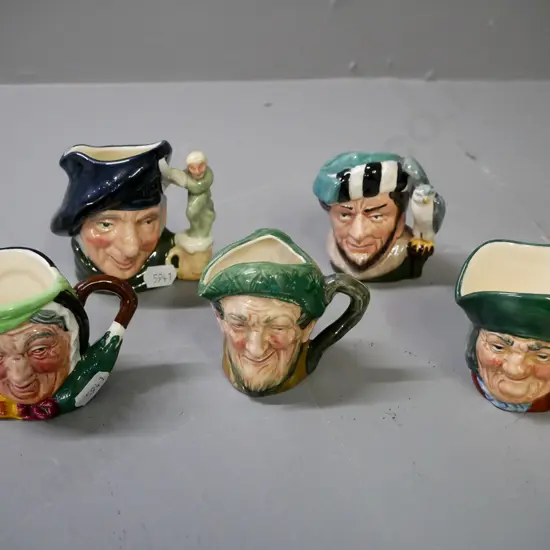 5x Doulton toby jugs, small size. Largest H-80, D-90
