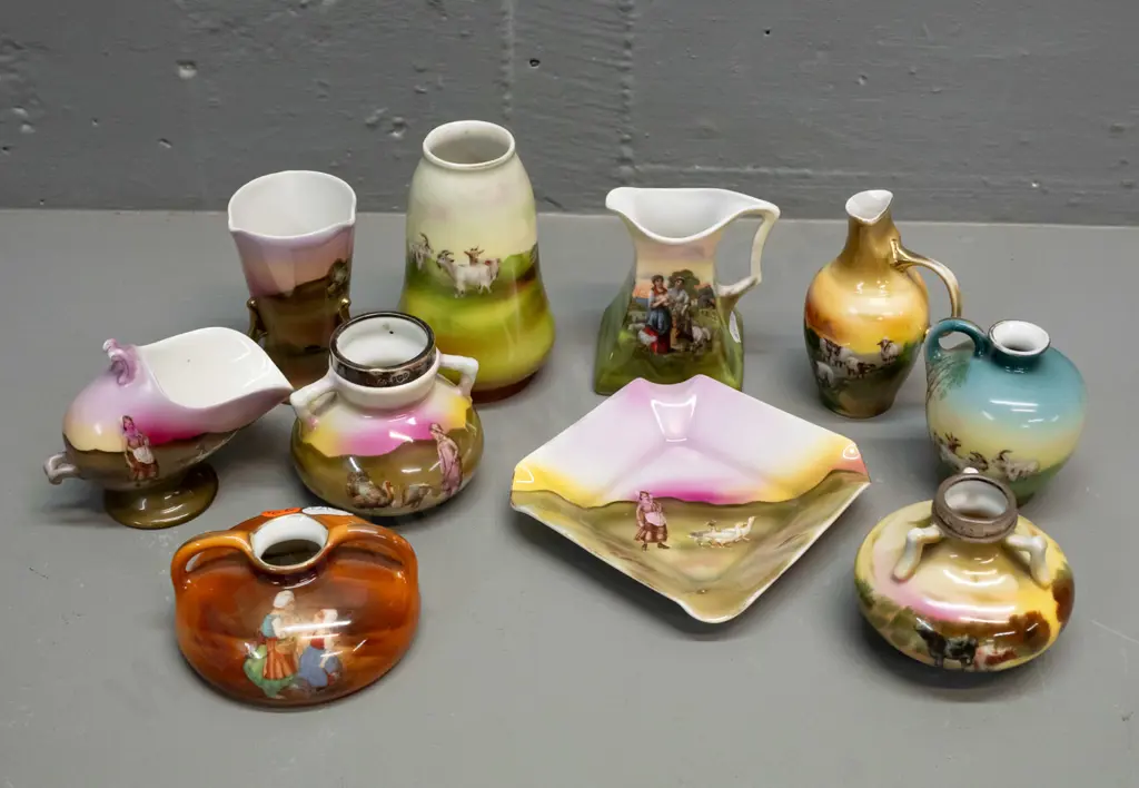 10 assorted pieces of hand painted Bayreuth china, 2 with sterling silver rims, half have no maker's marks - some have Image 1++