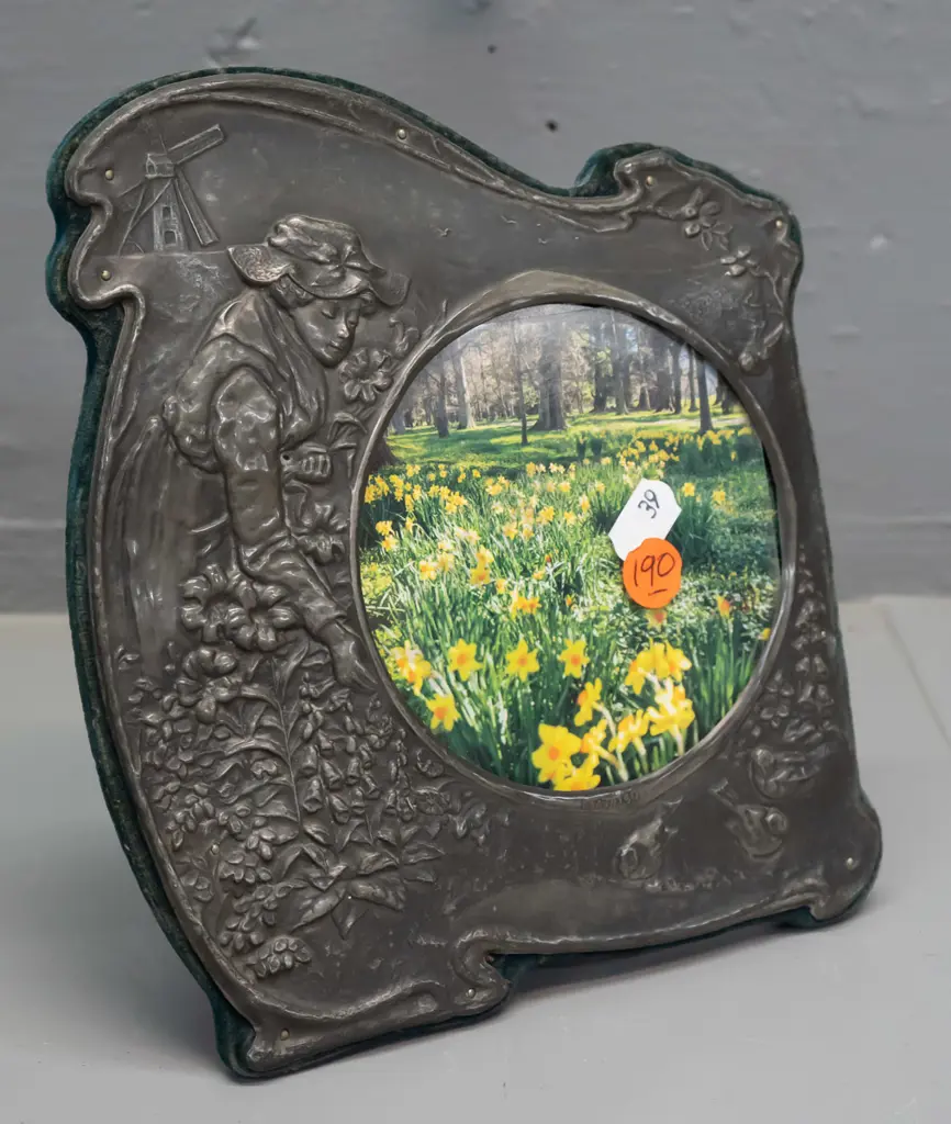 vintage nouveau style pressed metal (pewter?) picture frame - flower garden and windmill motifs - wear to backing card, Image 1++