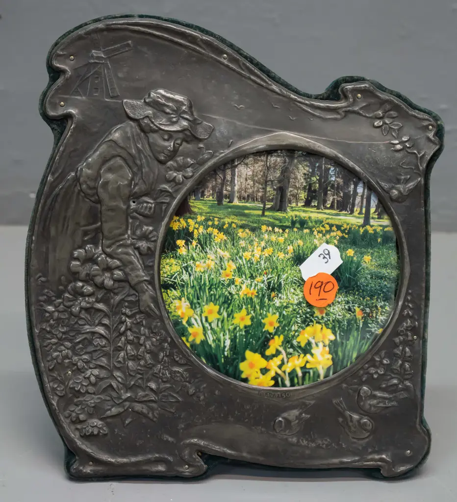 vintage nouveau style pressed metal (pewter?) picture frame - flower garden and windmill motifs - wear to backing card, Image 1++