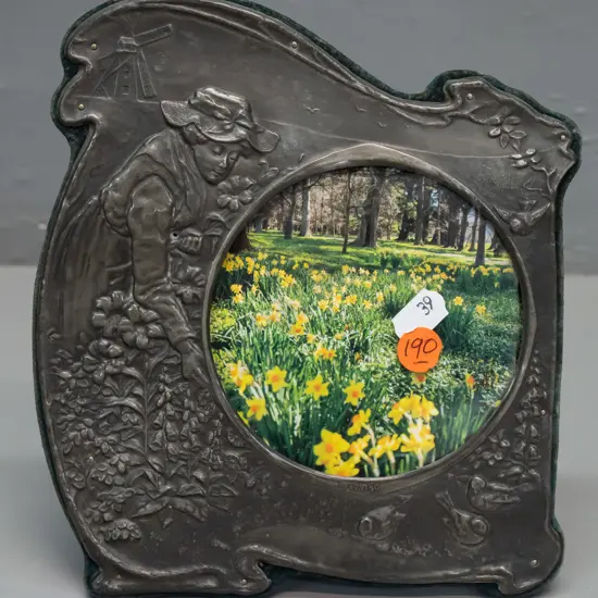 vintage nouveau style pressed metal (pewter?) picture frame - flower garden and windmill motifs - wear to backing card,