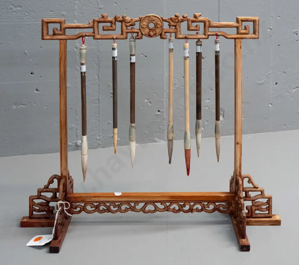 Chinese intricately craved timber brush stand with 8 brushes - missing one small hanging peg, finish is worn overall Image 1++