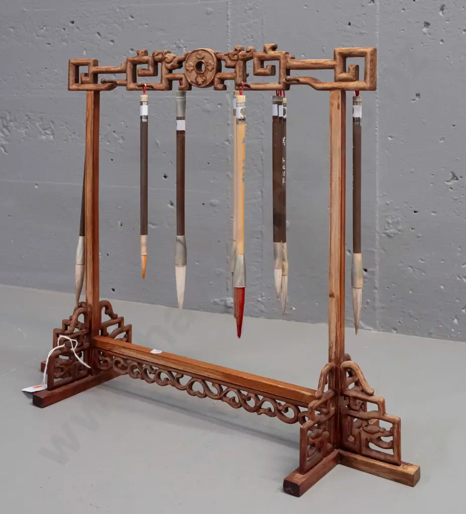 Chinese intricately craved timber brush stand with 8 brushes - missing one small hanging peg, finish is worn overall Image 1++