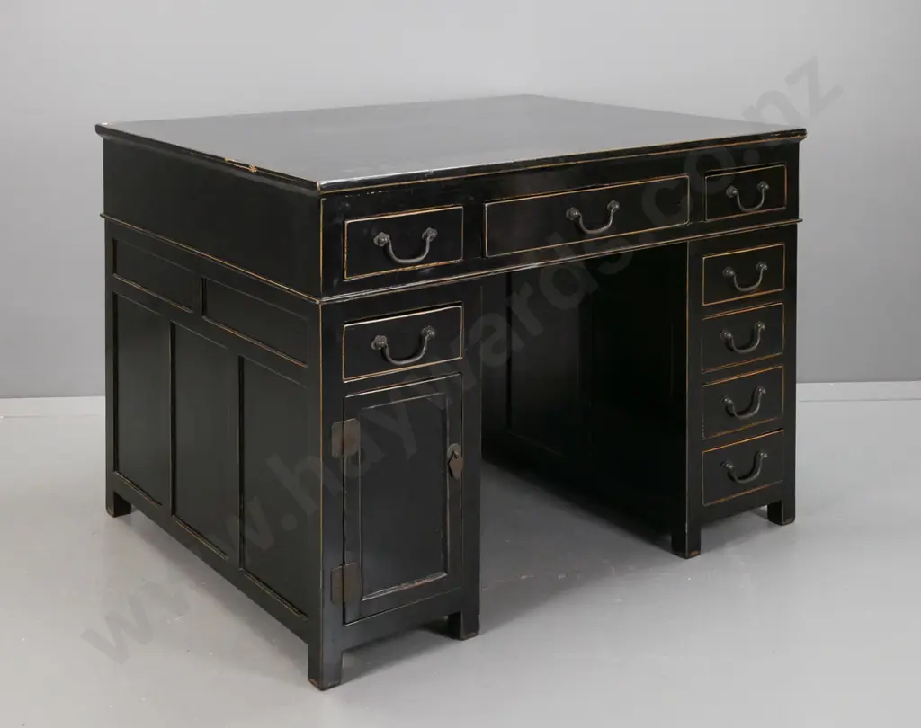 Chinese black lacquered double pedestal partner's desk with brass drop handles, 7 drawers on one side, other side has 5 Image 1++