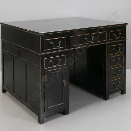 Chinese black lacquered double pedestal partner's desk with brass drop handles, 7 drawers on one side, other side has 5