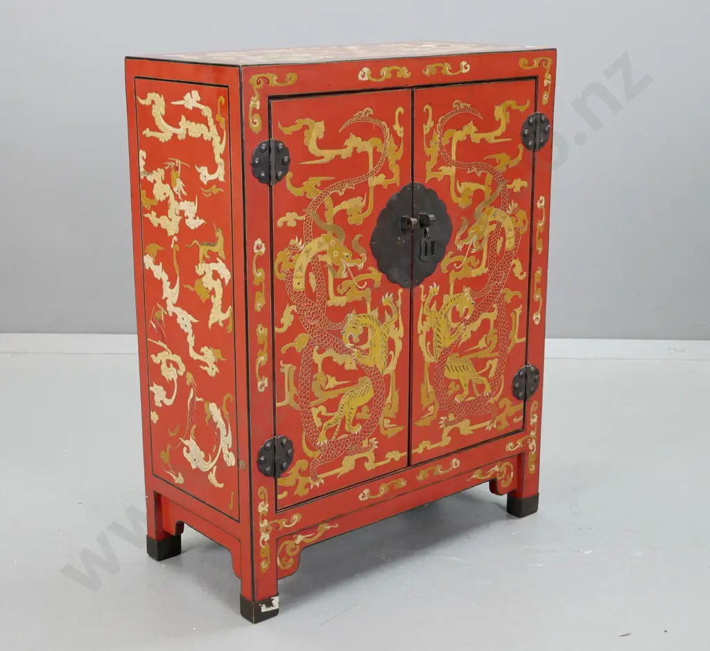 Chinese red lacquer 2-door cabinet with profuse mythical cloud, dragon, tiger and antelope decoration, lock plate but no Image 1++