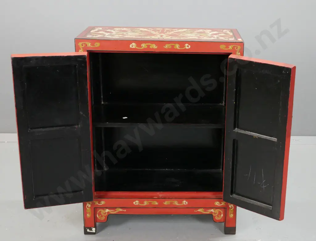 Chinese red lacquer 2-door cabinet with profuse mythical cloud, dragon, tiger and antelope decoration, lock plate but no Image 1++