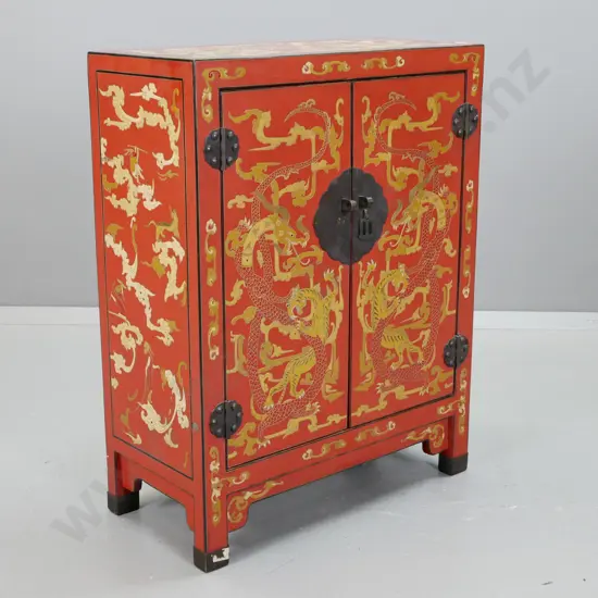 Chinese red lacquer 2-door cabinet with profuse mythical cloud, dragon, tiger and antelope decoration, lock plate but no