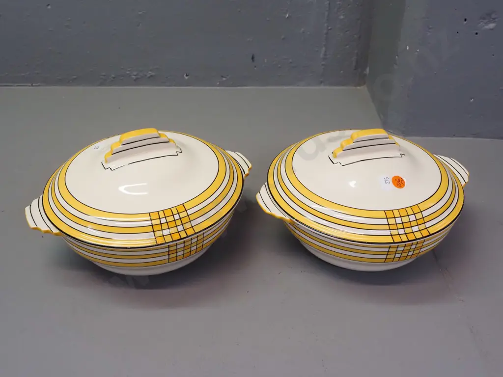 pair of deco style Crown Devon Ranleigh lidded dishes - both have some fretting to black enamel on rims H150 W240 across Image 1++