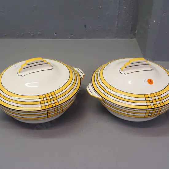 pair of deco style Crown Devon Ranleigh lidded dishes - both have some fretting to black enamel on rims H150 W240 across