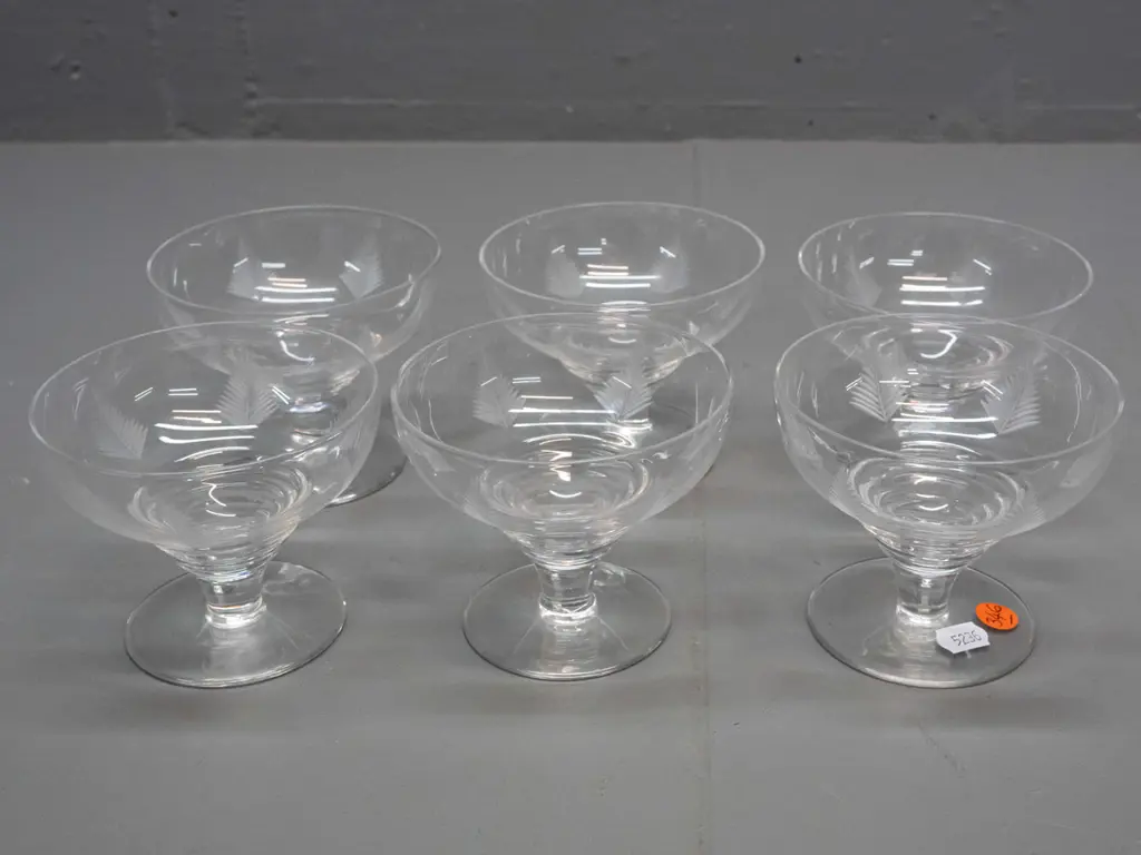 6 Stuart crystal wide rim glasses with etched fern motif H-90 D-100 Image 1++